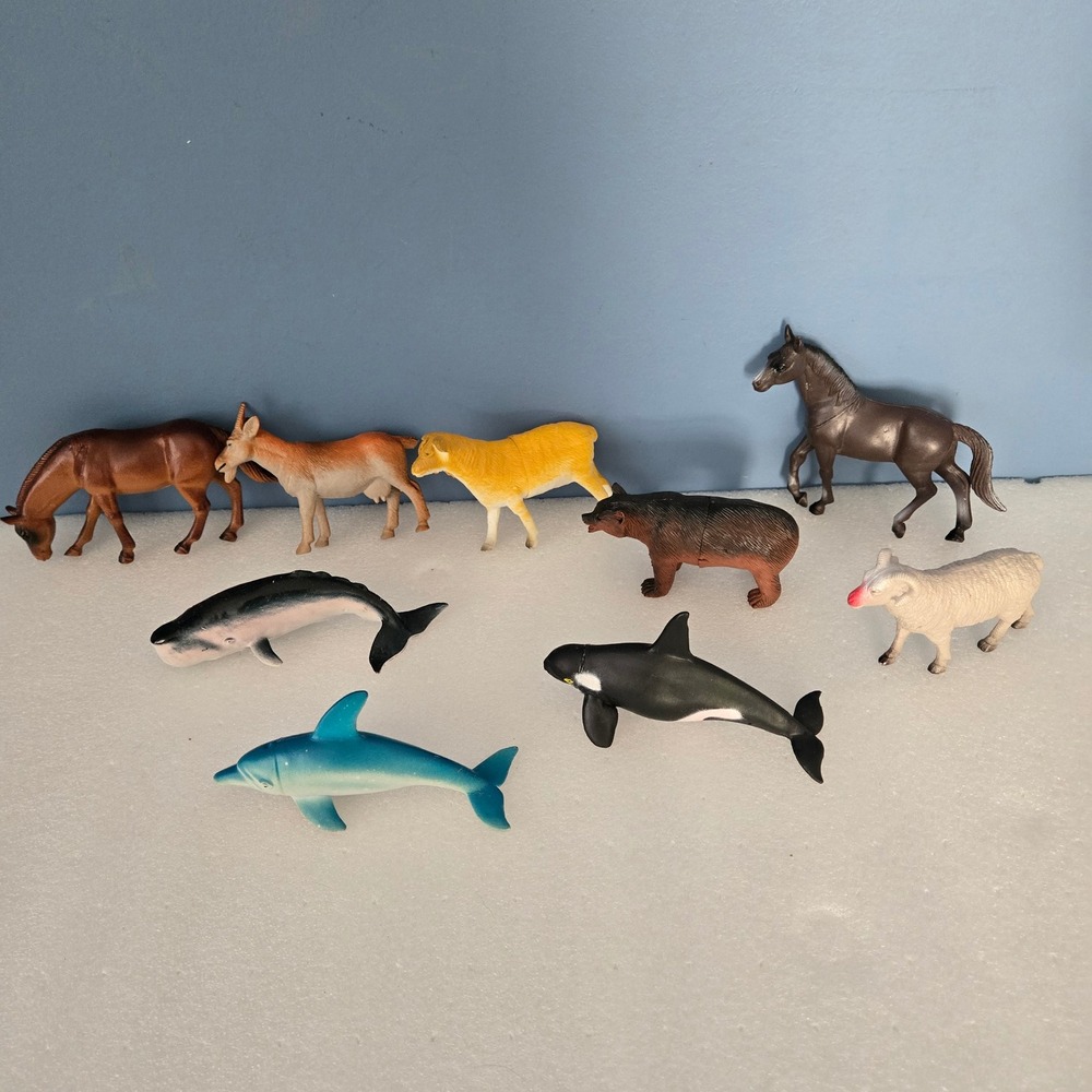 Mixed Plastic Animal Figurine Lot 9pc Horses Bear Orca Whale Dolphin Sheep Goat
